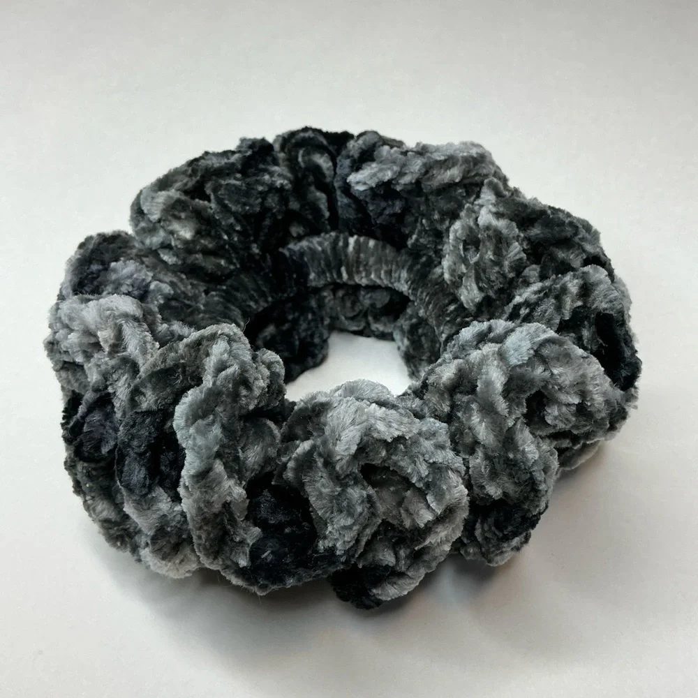 Crochet Scrunchie Oversized Hair Tie Set of 2 Gray Plush Crushed Velvet Handmade